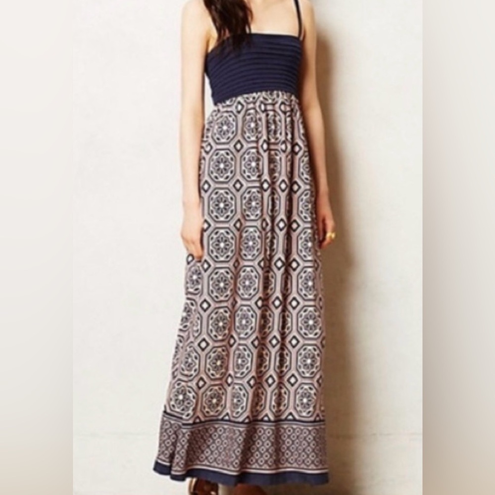 Anthropologie Lilka Navy and Cream Geometric Strap Maxi Dress